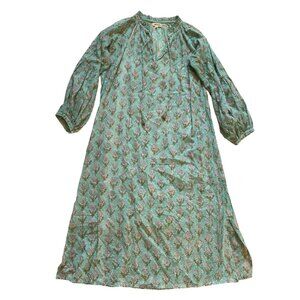 Jane Valken Midi Shift Dress Womens Medium Green White Floral Cotton Long Sleeve